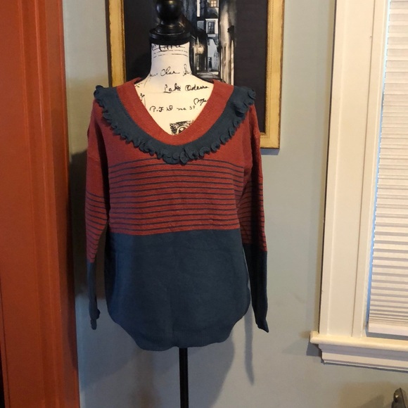 Entro Teal & Rust Striped Ruffle Sweater - Picture 5 of 9
